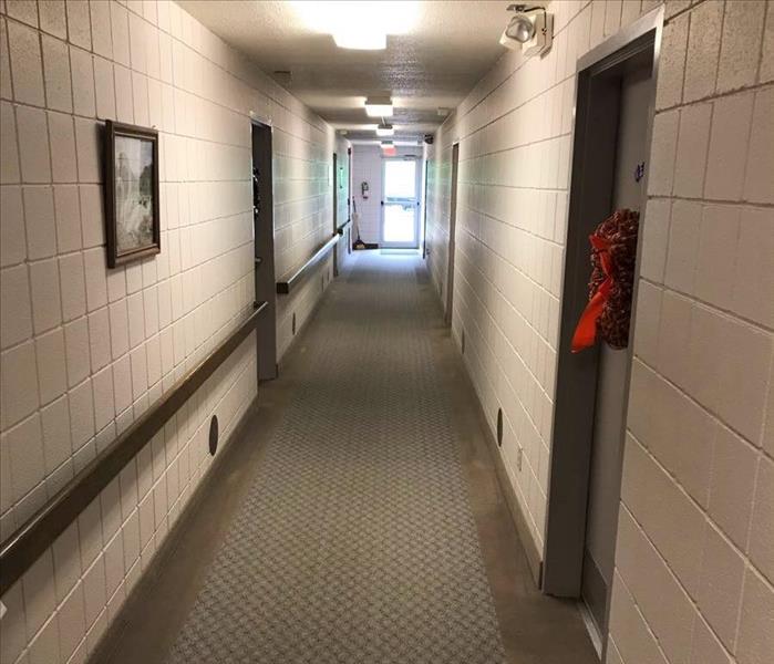 hallway with a strip of carpeting in center that is visibly covered in water